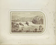 Fotoreproductie van een prent met een gezicht op de watervallen van Schaffhausen