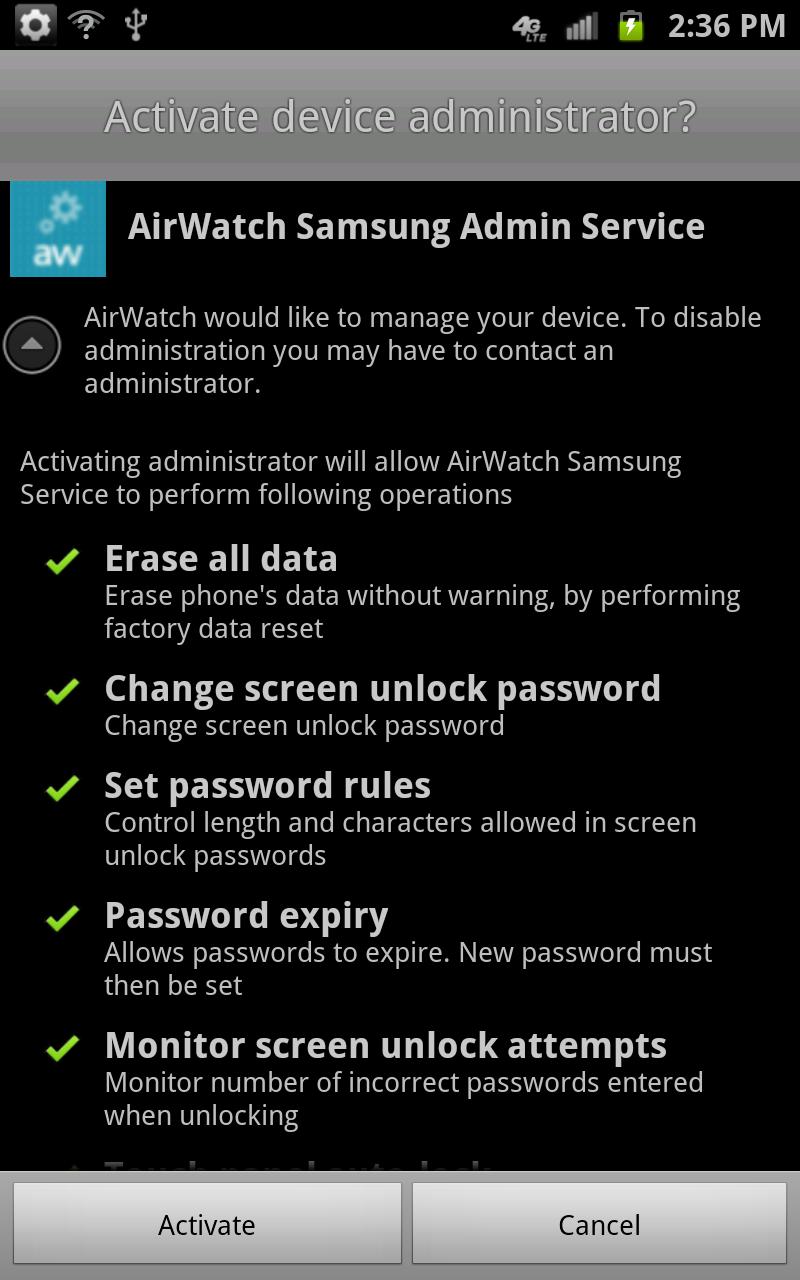 Android application AirWatch Samsung Service screenshort