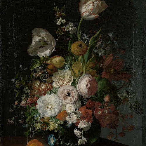 naam Wijzigingen van meesterwerk Stilleven met bloemen in een glazen vaas, Rachel Ruysch, ca. 1690 - ca.  1720 - Rijksmuseum