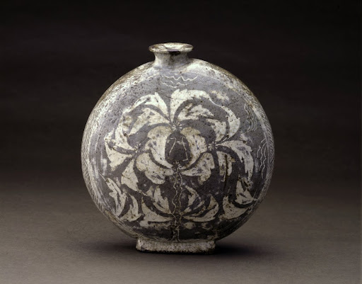 Flat-sided flask with inlaid design of peonies, Punch'ong ware