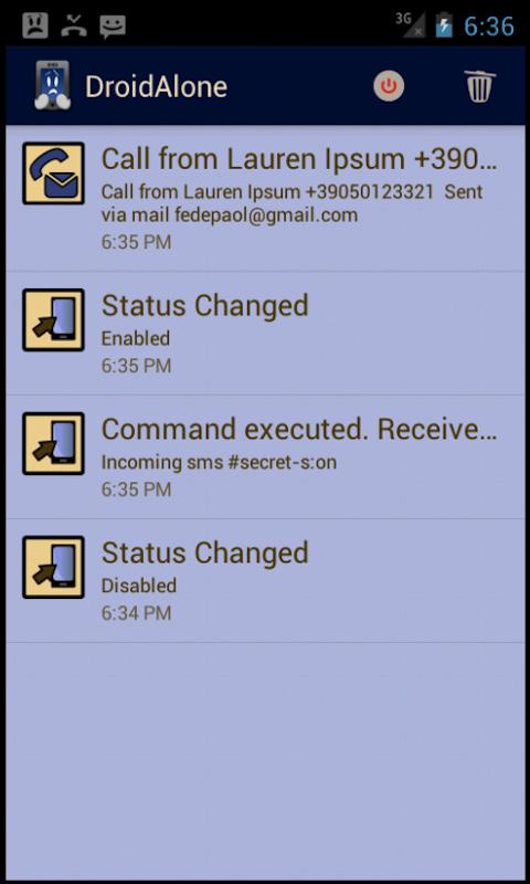 DroidAlone - Missed Calls Screen 1