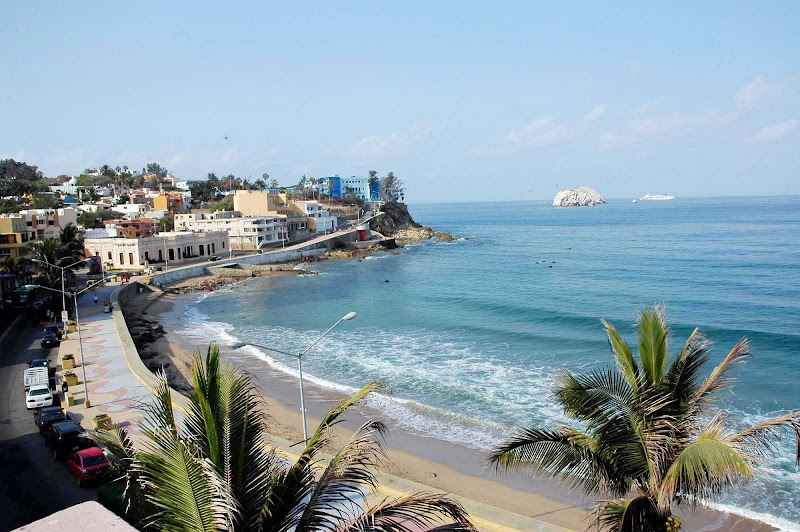 South Mazatlan beach and islands, with morning waves, as seen from the Belmar Hotel, Sinaloa, Mexico.