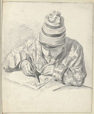 Tekenende man in Japonsche rok met slaapmuts