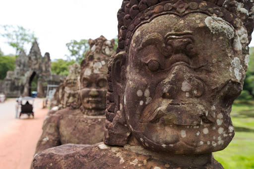 Cambodia-Siem-Reap-Angkor-Wat-Stone-Sculpture - A stone sculpture at Angkor Wat — a United Nations World Heritage Site and the largest religious monument in the world — seen during a G Adventures expedition of Cambodia.