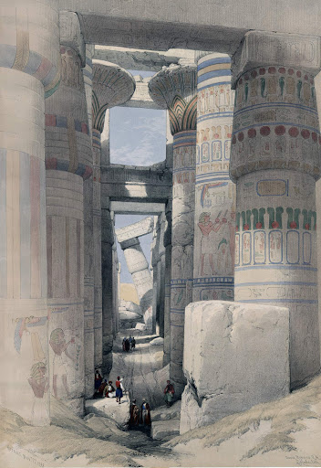 Karnak-Temple-tinted-lithograph - No, this isn't a photograph. It's a tinted lithograph created by artist David Roberts RA and lithographer Louis Haghe upon visiting the Hypostyle Hall of Karnak Temple at Luxor, Egypt, in 1838. They envisioned how the temple looked in ancient times. 