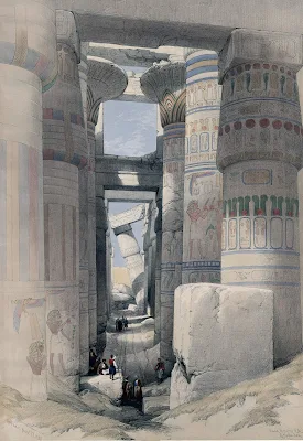 No, this isn't a photograph. It's a tinted lithograph created by artist David Roberts RA and lithographer Louis Haghe upon visiting the Hypostyle Hall of Karnak Temple at Luxor, Egypt, in 1838. They envisioned how the temple looked in ancient times. 
