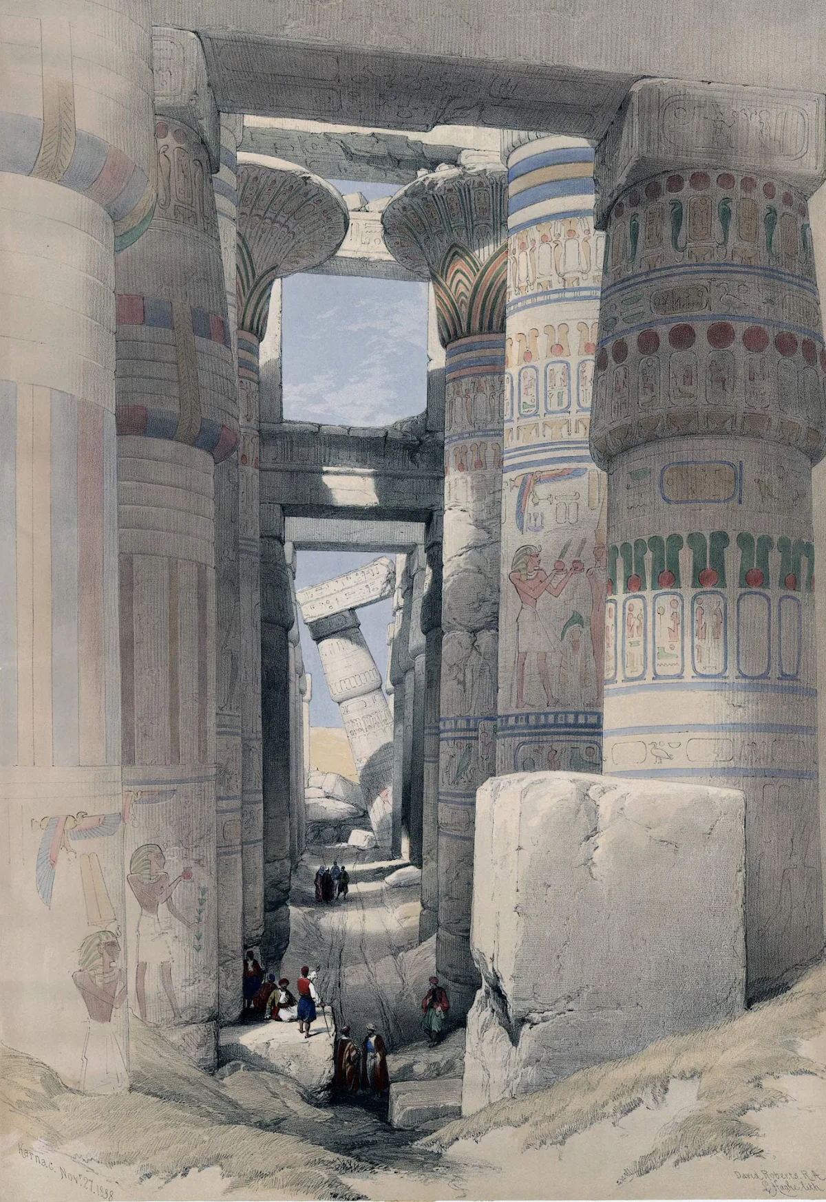 Karnak-Temple-tinted-lithograph - No, this isn't a photograph. It's a tinted lithograph created by artist David Roberts RA and lithographer Louis Haghe upon visiting the Hypostyle Hall of Karnak Temple at Luxor, Egypt, in 1838. They envisioned how the temple looked in ancient times. 