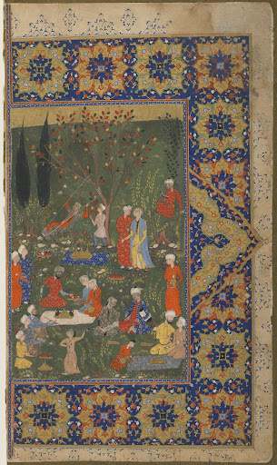 Folio from an unidentified text; verso: A party in a garden, right-hand half of a double-page
