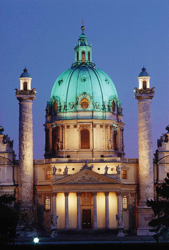 Karlskirche at night in Vienna. It's generally considered the most outstanding baroque church in Austria.