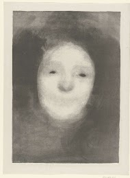 Studie van hoofd van lachende vrouw