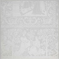 Fragment van een tafellaken van linnendamast met voorstelling: geschiedenis van Susanna; rand met muzikanten en vrouwen