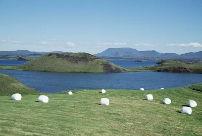 Hay bales in the hills of Iceland.