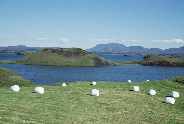 Hay bales in the hills of Iceland.