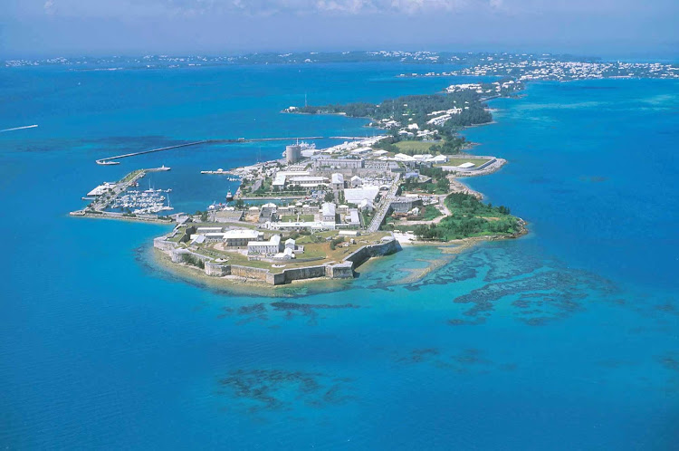 An aerial view of the Royal Naval Dockyard in Bermuda, which served as the principal base of the British Royal Navy in the Western Atlantic between American independence and the Cold War.