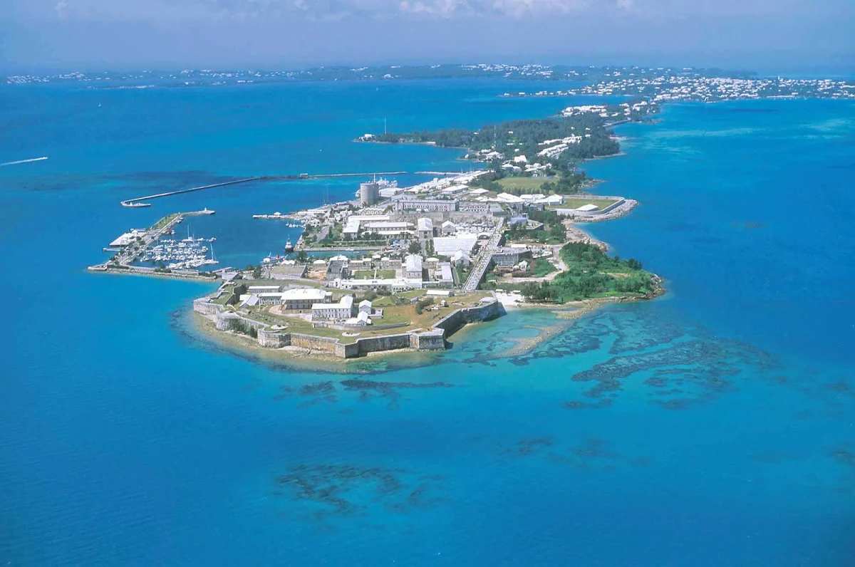 Royal-Naval-Dockyard-Bermuda-aerial - An aerial view of the Royal Naval Dockyard in Bermuda, which served as the principal base of the British Royal Navy in the Western Atlantic between American independence and the Cold War.