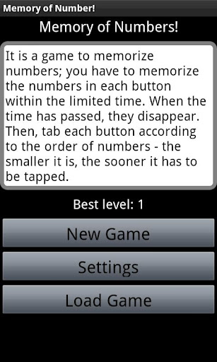 Memory of Numbers Puzzle game