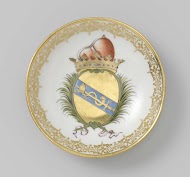 Schotel, veelkleurig beschilderd met chinoiserieën en het wapen van de Venetiaanse familie Morosini