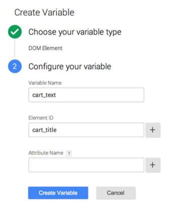 Create variable dom element type, variable name cart_text, element id cart_title