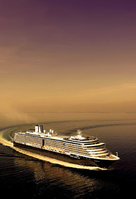 Aerial shot of the Noordam. The Holland America ship cruises to the Caribbean, Mediterranean, Adriatic, Alaska, the South Pacific, the Panama Canal and Vancouver.