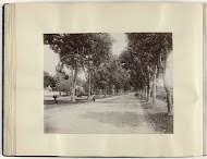 Laan met voorbijgangers en een rijtuig, mogelijk op Sumatra