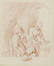 Zittende man met kruik bij staande vrouw met mand