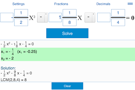 Quadratic equations calculator Screen 2