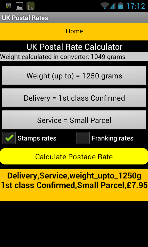 UK Postal Calc for Royal Mail Screen 2