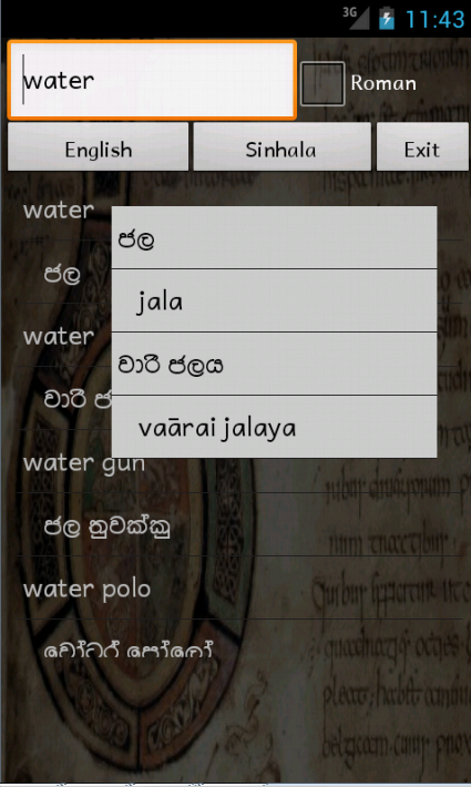 English Sinhala Dictionary Screen 1
