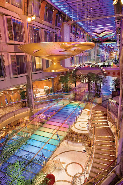 A distant view of some of the shops, cafes and lounges on Royal Promenade, the heart of Independence of the Seas.