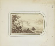 Fotoreproductie van een prent met een gezicht op de watervallen van Schaffhausen