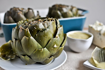 Herb Gorgonzola Artichokes with Parmesan Hollandaise.