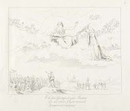 Napoleon spreekt een manigte toe, vanuit de hemel kijken Jupiter en Justitia toe