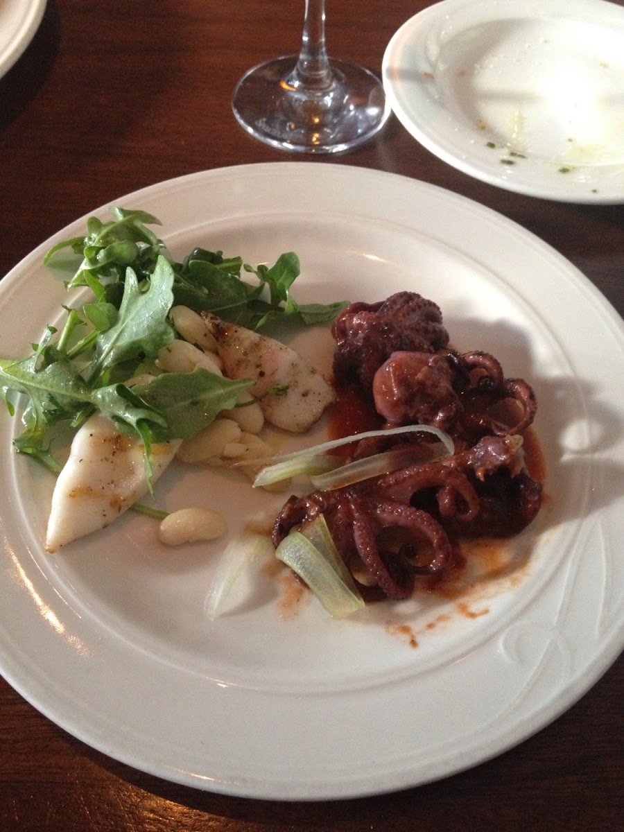 Grilled calamari and bean appetizer & braised baby octopus is on the right