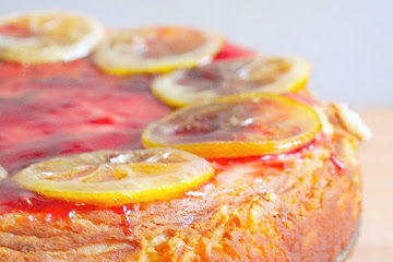 Grandma&#39;s Ricotta Cheesecake, Topped with Raspberry Glaze and Candied Lemon