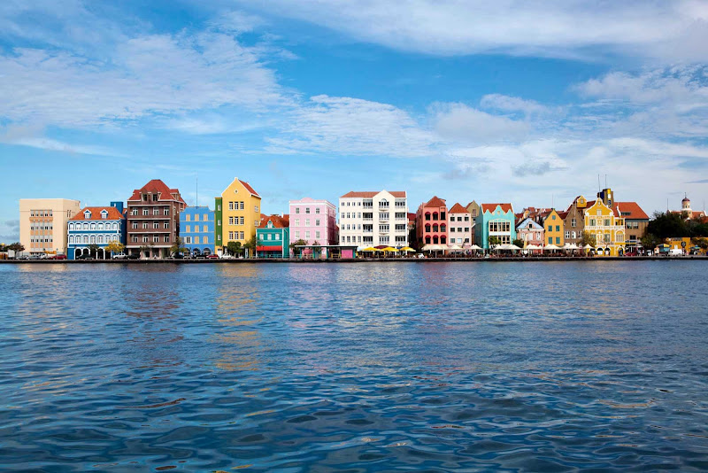 A view of the Handelskade area, a picturesque stretch of brightly painted Colonial Dutch buildings in Willemstad, Curacao.