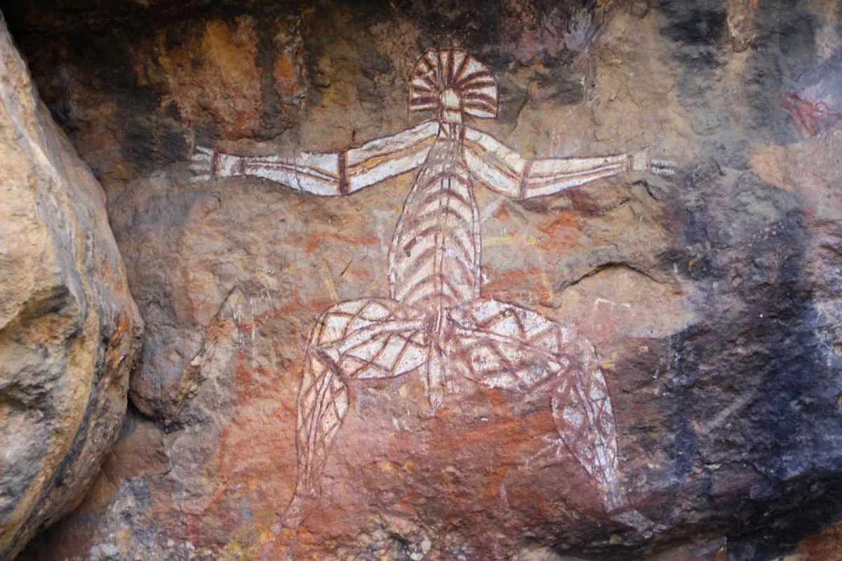 Australia-Northern-Territory-Kakadu-Cave-Painting - An ancient cave painting seen during a G Adventures expedition of the Northern Territory of Australia.