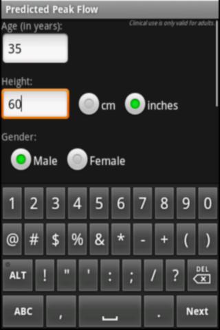 Predicted Peak Flow App Screen 2