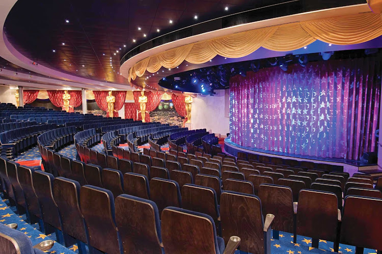 Norwegian Cruise Line's Pride of America's Hollywood Theatre on deck 5 has starry carpets, golden statues and nightly shows on stage.