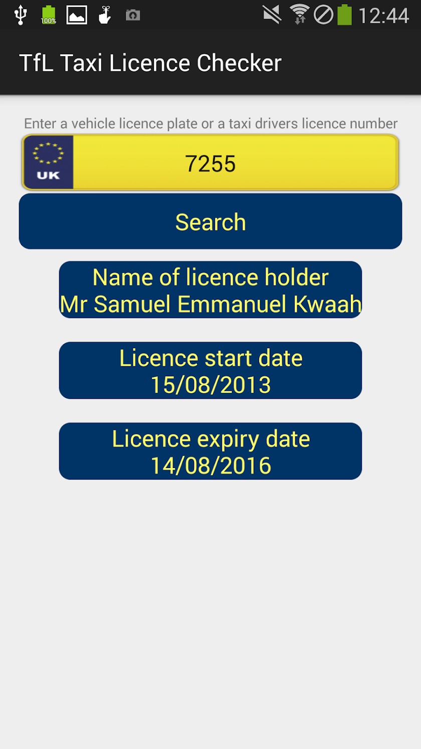 TfL Taxi Licence Checker Screen 3