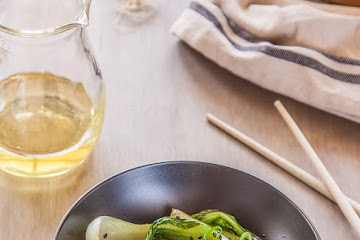 Bok Choy Noodles with Black Sesame and Spring Onion Oil