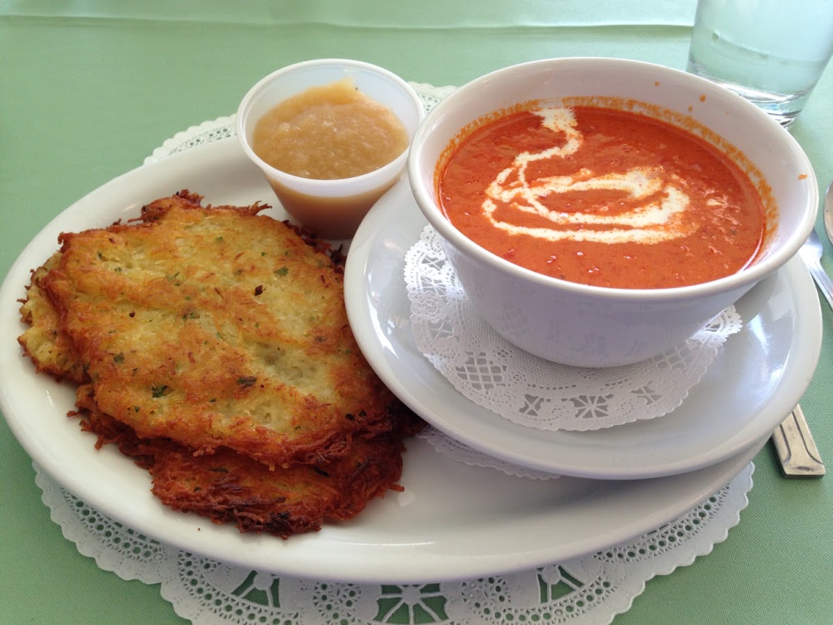 GF Potato Pancakes with Applesauce and  Roasted Red Pepper Soup.