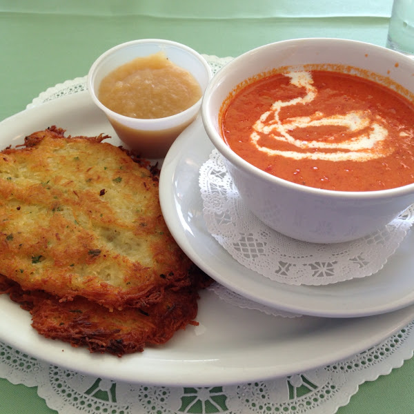GF Potato Pancakes with Applesauce and  Roasted Red Pepper Soup.
