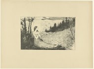 Heilige Agnes zit op rots in landschap