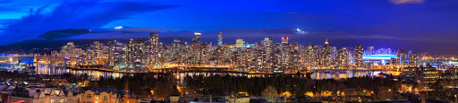 A nighttime panoramic view of Vancouver, British Columbia, from Fairview Slopes.