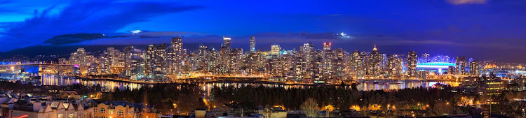 A nighttime panoramic view of Vancouver, British Columbia, from Fairview Slopes.