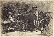 Fotoreproductie van een tekening van Rafaël, tafereel met soldaten, een naakte vrouw en een engel