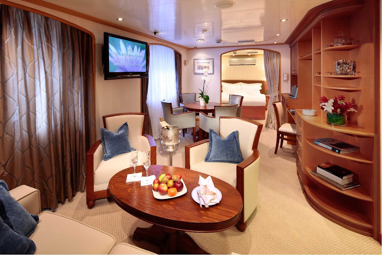 At 375 square feet, the Admiral Suite on a SeaDream ship comes with a separate living and dining area, master bedroom, 1.5 baths and three panoramic windows.