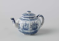 Achthoekige theepot met een zeegezicht met Europese schepen