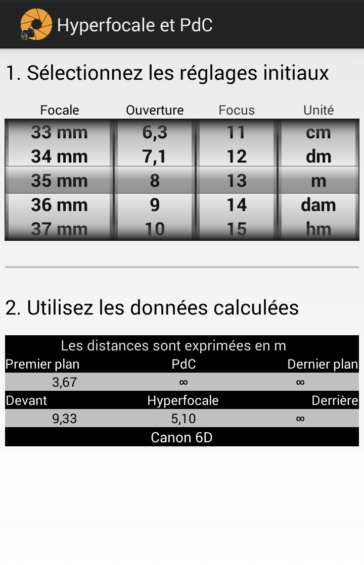 Android application Hyperfocal and DoF screenshort