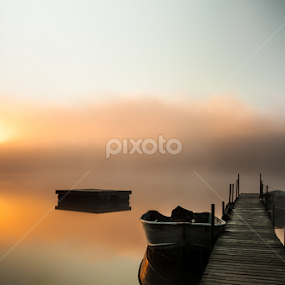 Calm, Misty Lake With Pier And Boats (Wide Shot Of Pier) by Joe Boyle - Buildings & Architecture Bridges & Suspended Structures